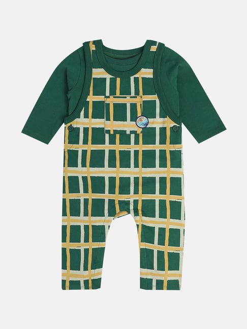 MINIKLUB Boys Green Cotton Checks Full Sleeves Dungaree Set