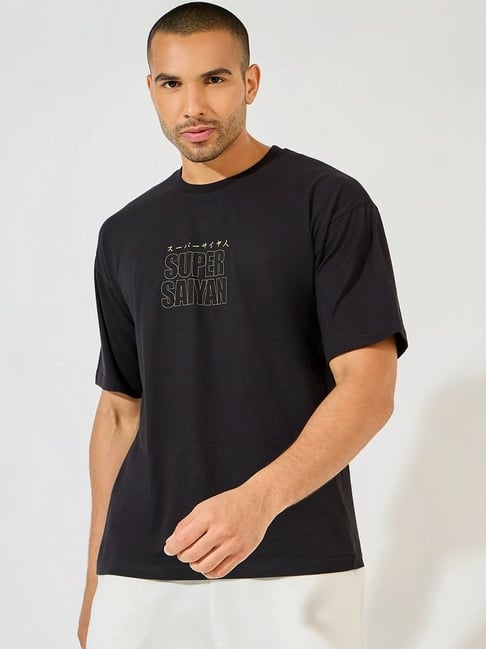 Buy Styli Black Cotton Oversized Printed T-Shirt for Mens Online