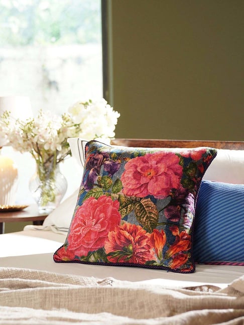 Buy Pure Home and Living Blue Floral Check Cushion Cover at Best