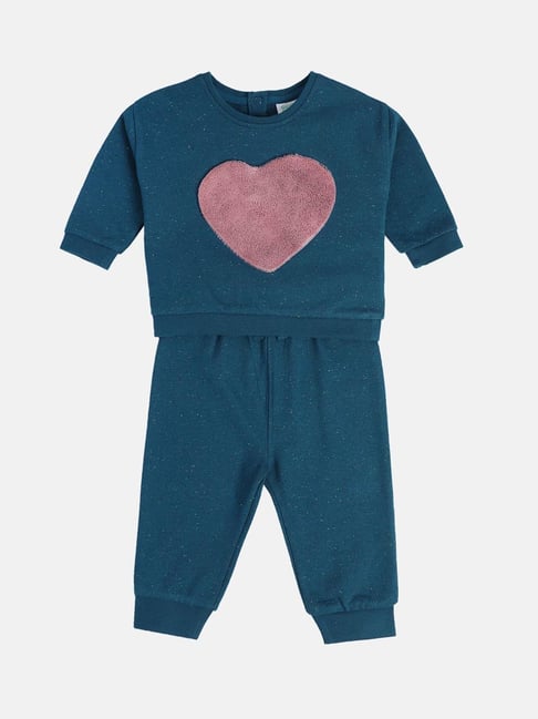 MINIKLUB Girls Blue Cotton Printed Full Sleeves Top And Bottom