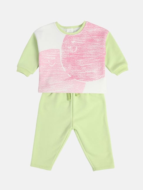 MINIKLUB Girls Green Cotton Printed Full Sleeves Top And Bottom