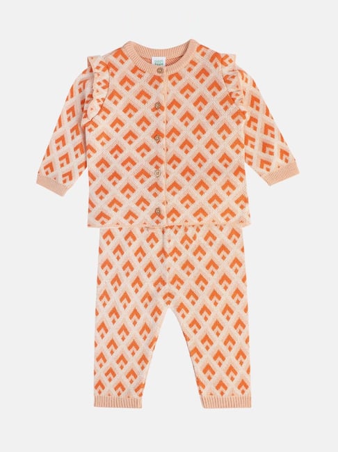 MINIKLUB Girls Peach & Orange Printed Full Sleeves Top And Bottom