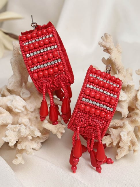 Moedbuille Red Beads Pearls and Crystals Contemporary Design Silver Plated Earrings-picture-11