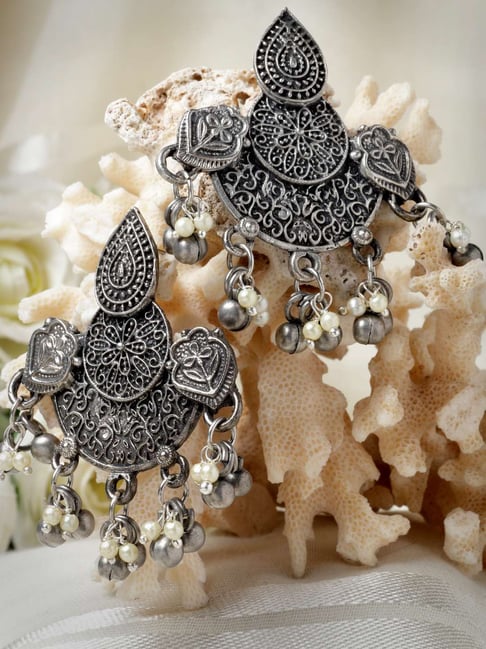 Buy Moedbuille Ghungroo and Pearls Tribal Oxidised Silver Earrings