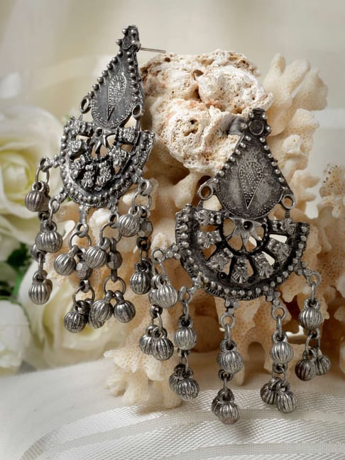 Moedbuille Handcrafted Antique Filigree Work Oxidised Silver Plated Tribal Tasselled Earrings-picture-44