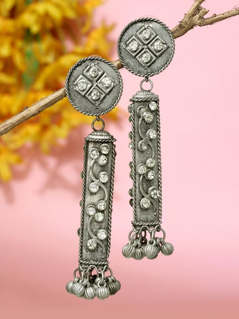 Moedbuille Ghungroo and Crystals Antique Tribal Design Oxidised Silver Plated Earrings-picture-38