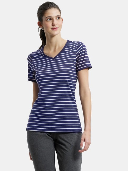 Jockey AW22 Women's Super Combed Cotton Regular Fit Yarn Dyed Striped V Neck Half Sleeve T-Shirt