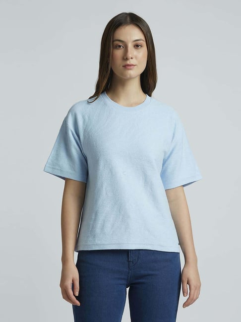 Pepe Jeans Blue Cotton Self Pattern T-Shirt