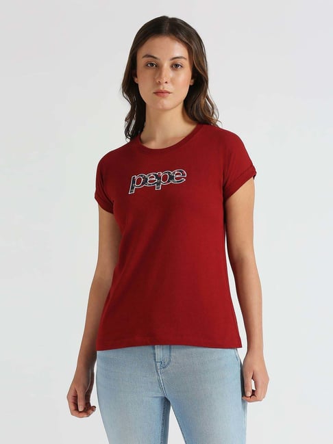 Pepe Jeans Burnt Red Cotton Printed T-Shirt
