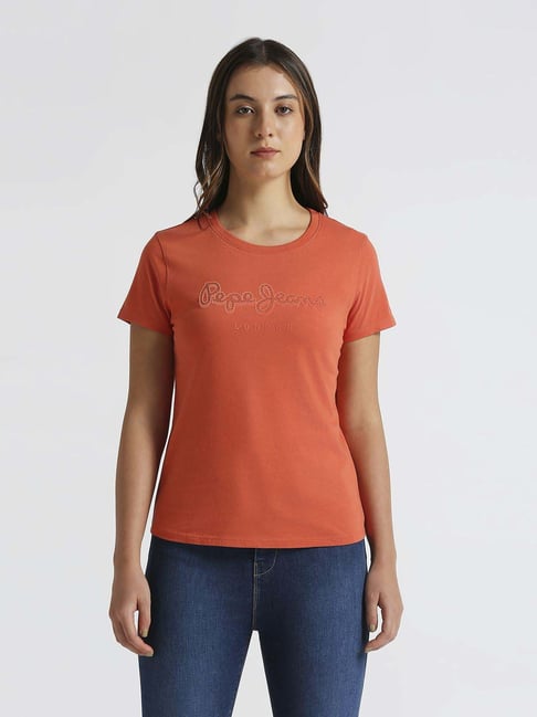 Pepe Jeans Orange Cotton Printed T-Shirt