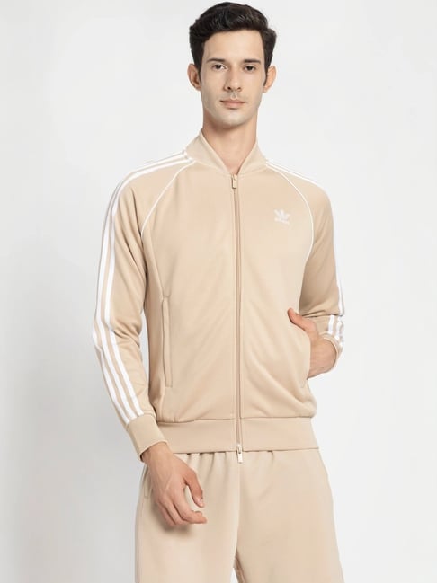 Adidas Originals Beige Slim Fit Striped Sports Jacket