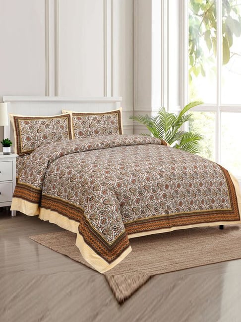 JaipurFabric Brown 180 TC 100% Cotton Florets Double Bedsheet with 2 Pillow Covers-picture-14