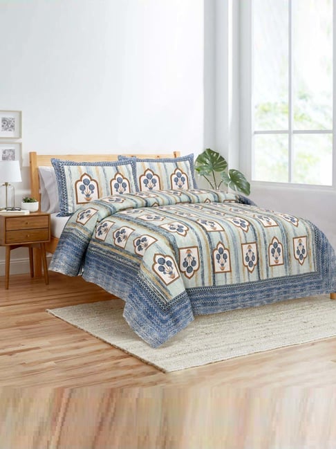 JaipurFabric Blue 180 TC 100% Cotton Jharokha Double Bedsheet with 2 Pillow Covers-picture-30