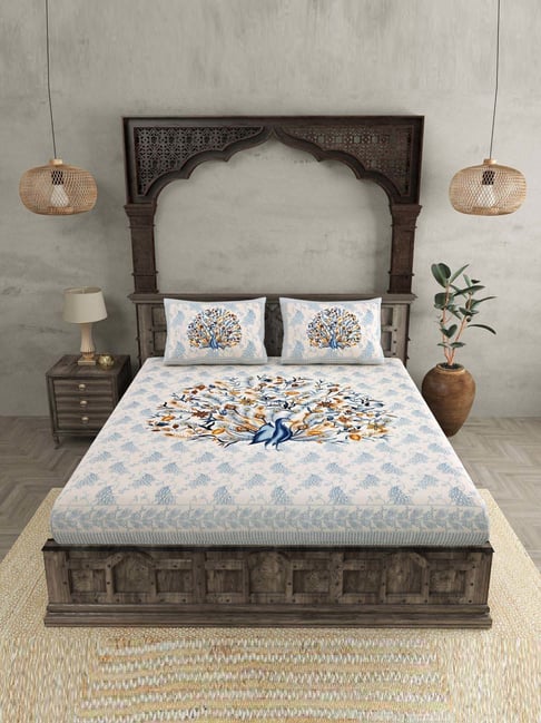 JaipurFabric Blue 180 TC 100% Cotton Dancing Peacock Double Bedsheet with 2 Pillow Covers-picture-16