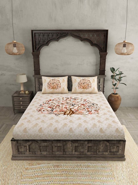 JaipurFabric Brown 180 TC 100% Cotton Dancing Peacock Double Bedsheet with 2 Pillow Covers-picture-13