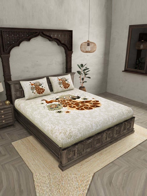 JaipurFabric Grey & Brown 180 TC 100% Cotton Peacock Double Bedsheet with 2 Pillow Covers-picture-20