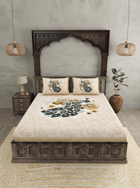 JaipurFabric Brown 180 TC 100% Cotton Peacock Double Bedsheet with 2 Pillow Covers-picture-17