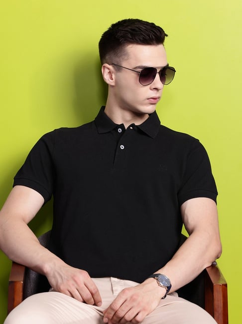 Hancock Black Cotton Slim Fit Solid Polo T-Shirts-picture-25