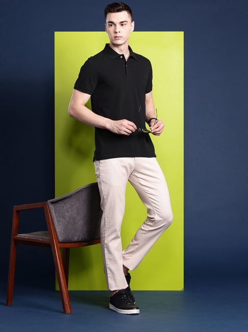 Hancock Black Cotton Slim Fit Solid Polo T-Shirts