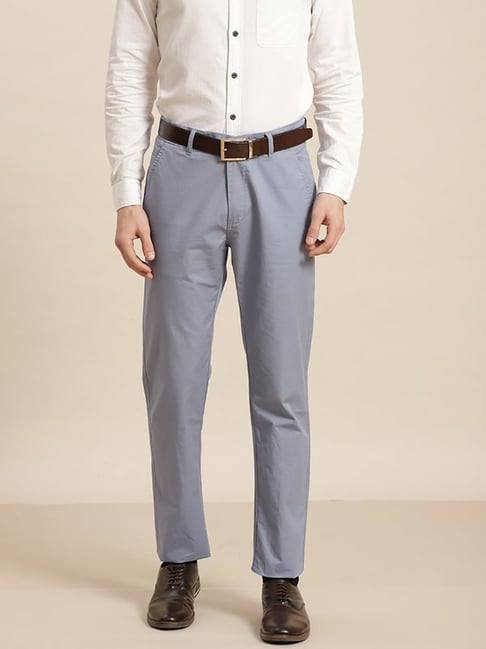 Hancock Blue Cotton Slim Fit Solid Trousers-picture-42