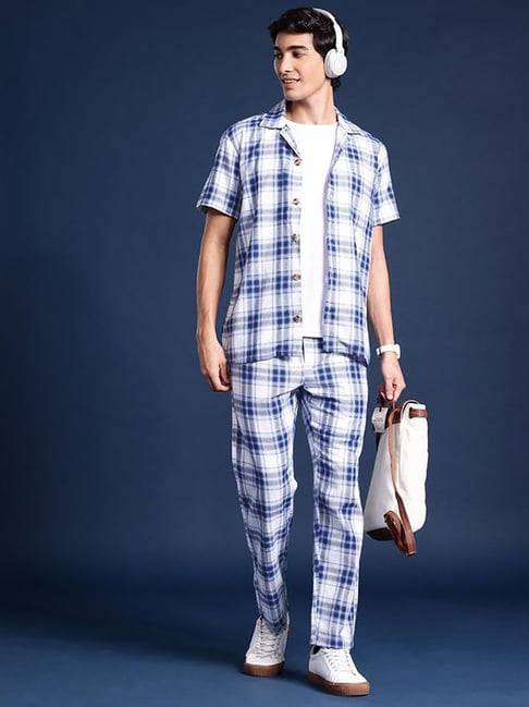 Hancock Blue Cotton Regular Fit Checks Lounge Sets-picture-15