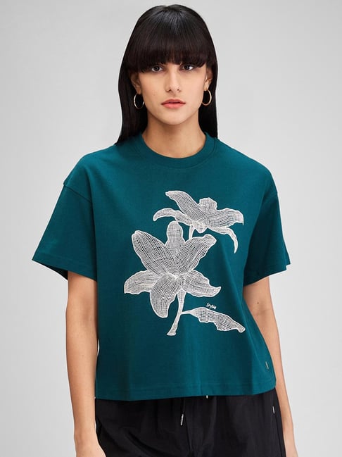 Spykar Teal Printed Oversized T-Shirt