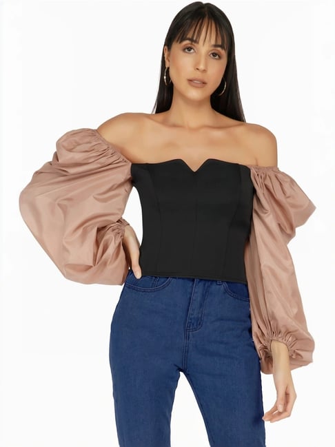 The Clothing Factory Brown & Black Off Shoulder Corset Top