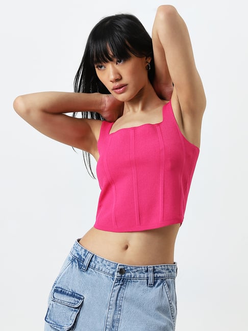 Nuon by Westside Pink Panel Detailed Crop Top