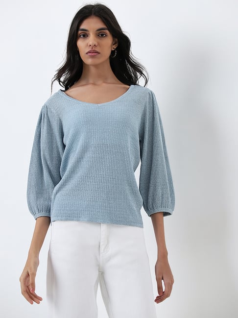 LOV by Westside Light Blue Ribbed Textured Top