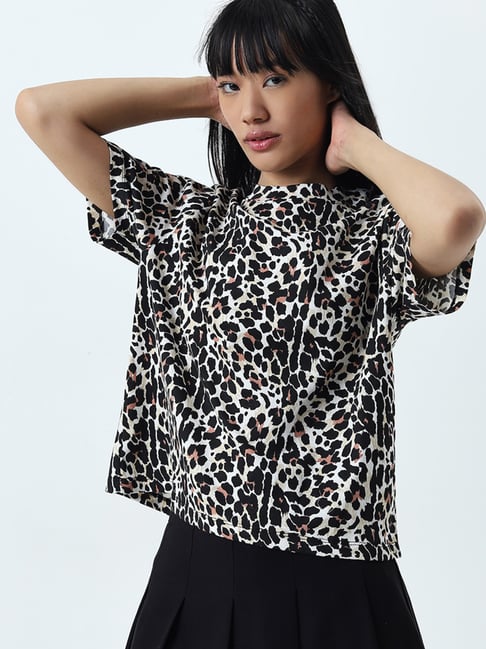 Nuon by Westside White & Black Animal Printed Cotton T-Shirt