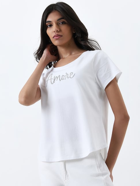 LOV by Westside White Text Printed Cotton T-Shirt