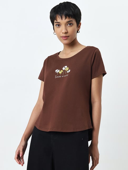 LOV by Westside Brown Floral Design Cotton T-Shirt