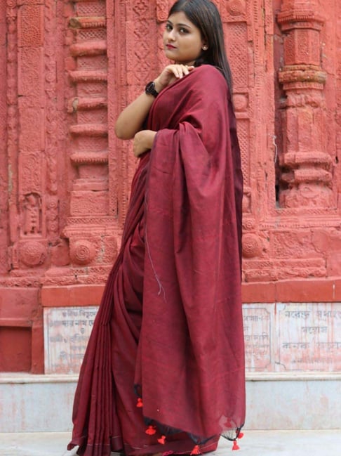 Odette Maroon Plain Saree With Unstitched Blouse-picture-48