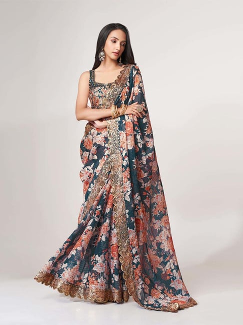 Odette Blue Printed Saree With Unstitched Blouse-picture-24