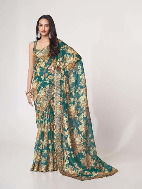 Odette Teal Blue Printed Saree With Unstitched Blouse-picture-37