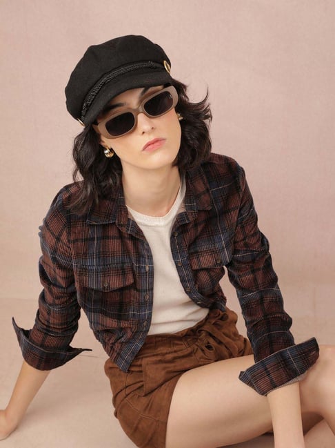 Crimsoune Club Women's Brown Checked Cropped Corduroy Shacket-picture-20