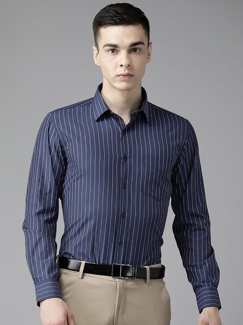 English Navy Navy Blue Slim Fit Stripes Shirts-picture-28