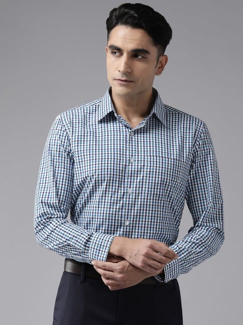 English Navy Navy Blue Slim Fit Checks Shirts-picture-27