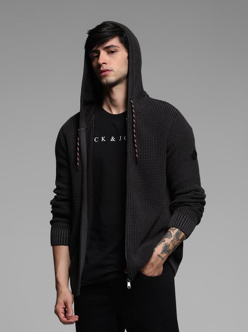 Jack Jones Black Slim fit Solid Hooded Sweatshirts