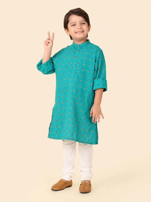 Fabindia Boys Teal Cotton Printed Full Sleeves Kurta Long-picture-18