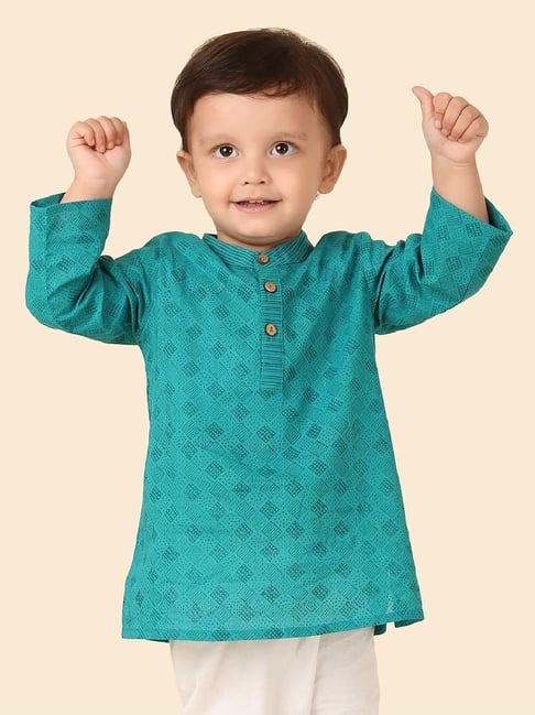 Fabindia Boys Teal Cotton Printed Full Sleeves Kurta Long-picture-33