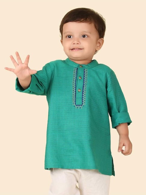 Fabindia Boys Teal Embroidery Full Sleeves Short Kurta-picture-13