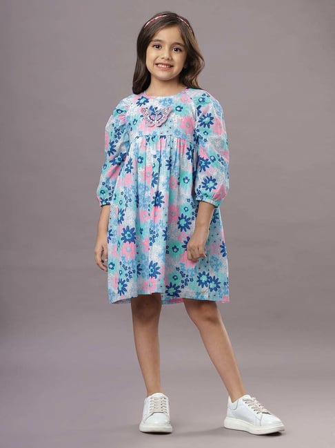 TeenTrums Girls Blue Cotton Printed Casual Dress