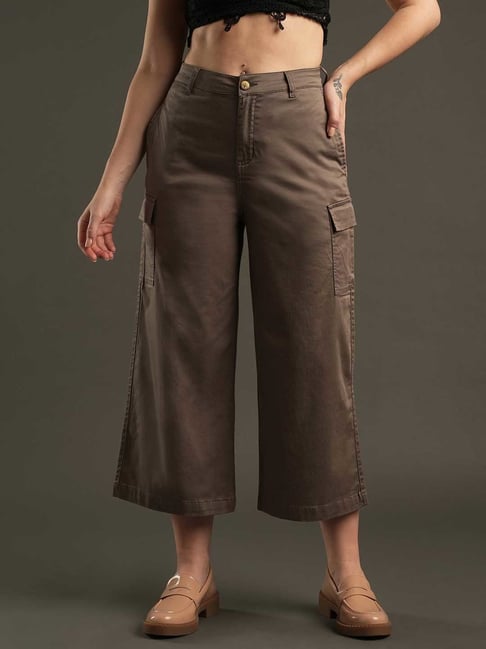 Buy Globus Dark Grey Relaxed Fit Mid Rise Cropped Trousers for