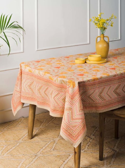 Fabindia Home Tarinika Yellow Cotton 200 GSM Printed 4 Seater Table Cover