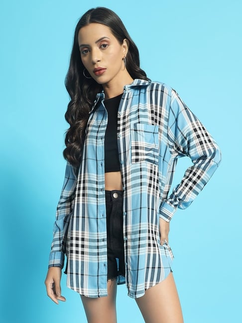 CHIMPAAANZEE Blue Loose fit Checks Women Shirts-picture-38