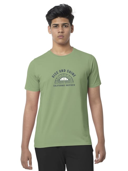 Bullmer Green Cotton Regular Fit Printed T-Shirt