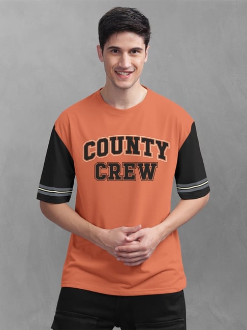 Bullmer Orange Cotton Oversized Fit Printed T-Shirt