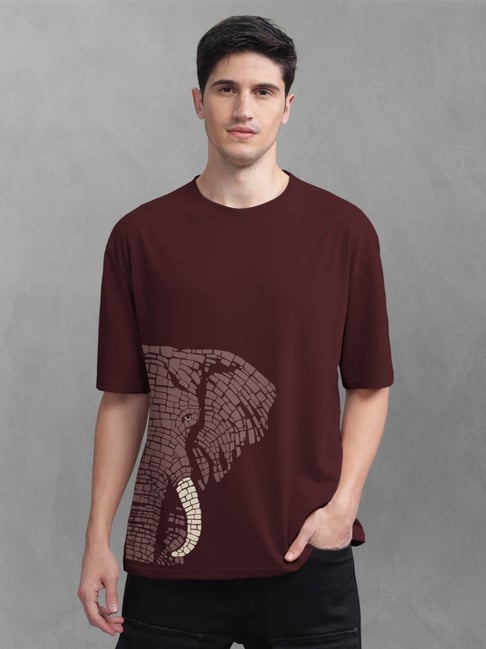Bullmer Maroon Cotton Oversized Fit Printed T-Shirt-picture-44