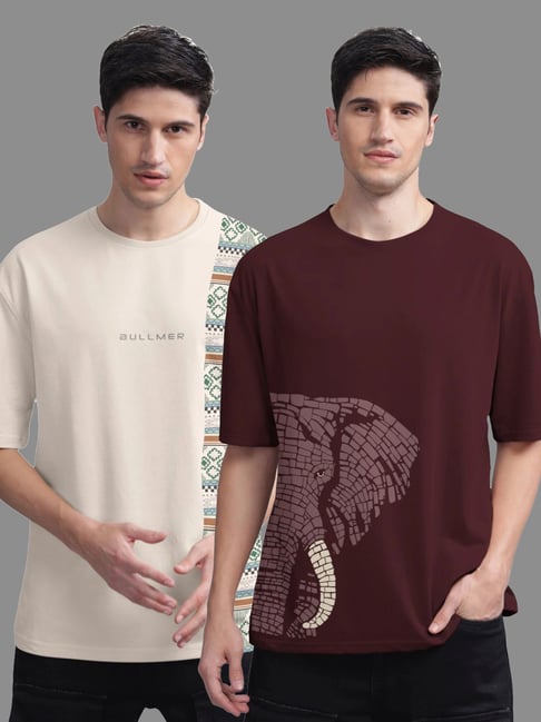 Bullmer Maroon & Beige Cotton Oversized Fit Printed T-Shirt - Pack Of 2-picture-37